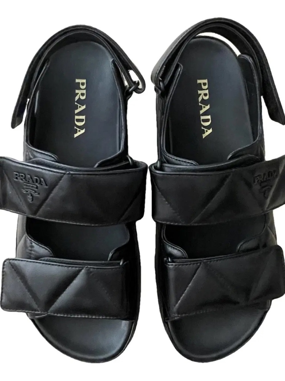 Prada Black Quilted Leather Velcro Strap Sandals - Women